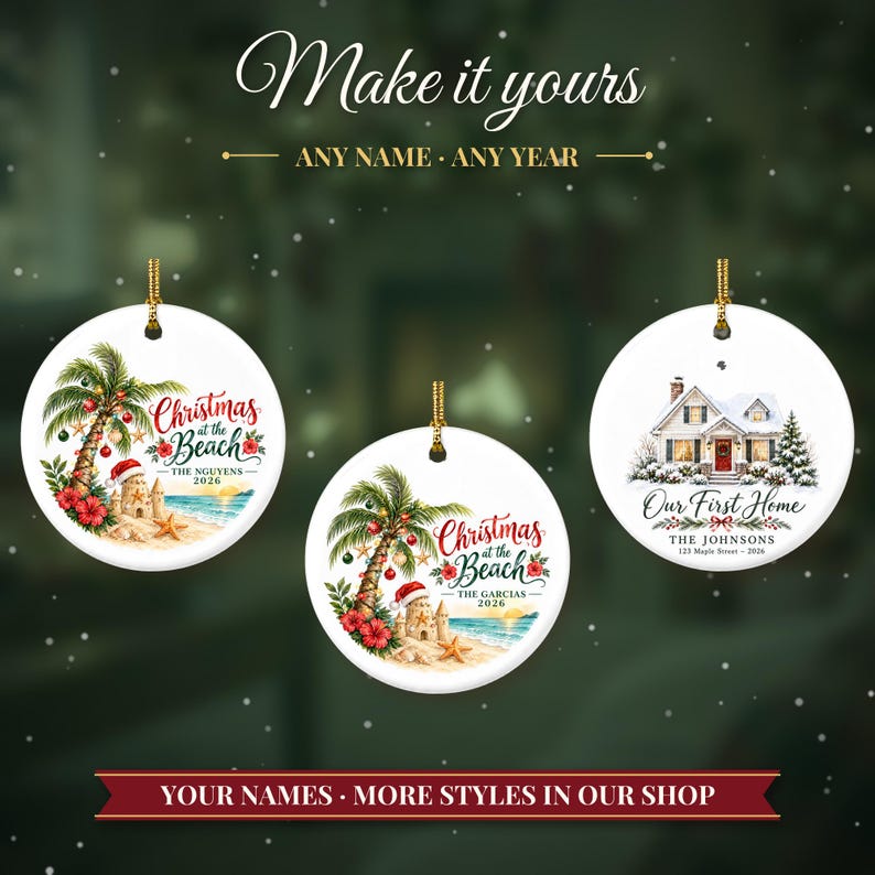 Beach Christmas Ornament 2026, Coastal Family Vacation Keepsake, Holidays at the Beach Custom Name Decor, Palm Tree Starfish Ceramic Gift 画像 3