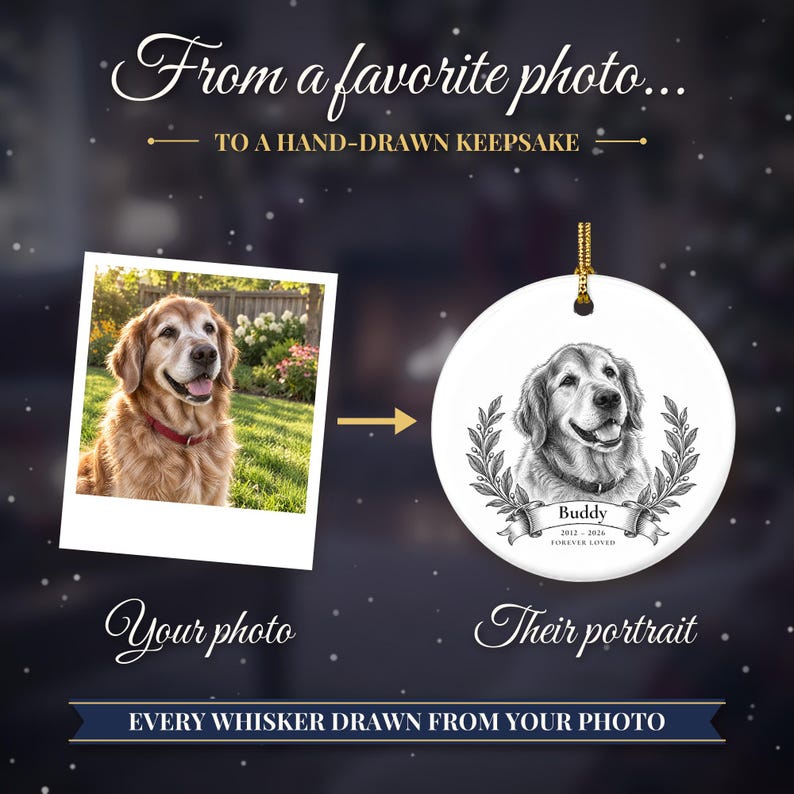 2 Sided Dog Memorial Ornament from Photo, Vintage Pet Portrait, Forever Loved, Pet Loss Gift, Cat Memorial Gift, Remembrance Keepsake image 3