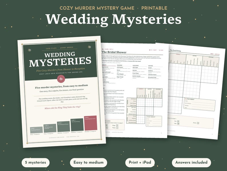 May include: A printable murder mystery game titled Wedding Mysteries featuring five logic grid puzzles. The document includes a cover page with game details, a case file page for The Bridal Shower, and a grid page for The Final Fitting.