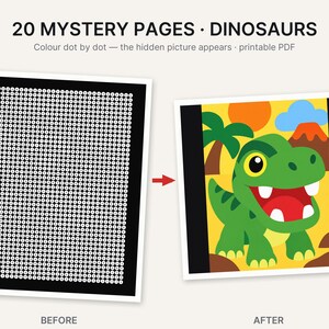 K&ouml;nnte beinhalten: Ein Set aus 20 Mystery-Seiten mit Dinosauriern als druckbares PDF. Das Vorher-Bild zeigt ein schwarzes Raster aus nummerierten Punkten, und das Nachher-Bild zeigt einen bunten Cartoon-Dinosaurier in einer Landschaft mit Vulkan und Sonne.