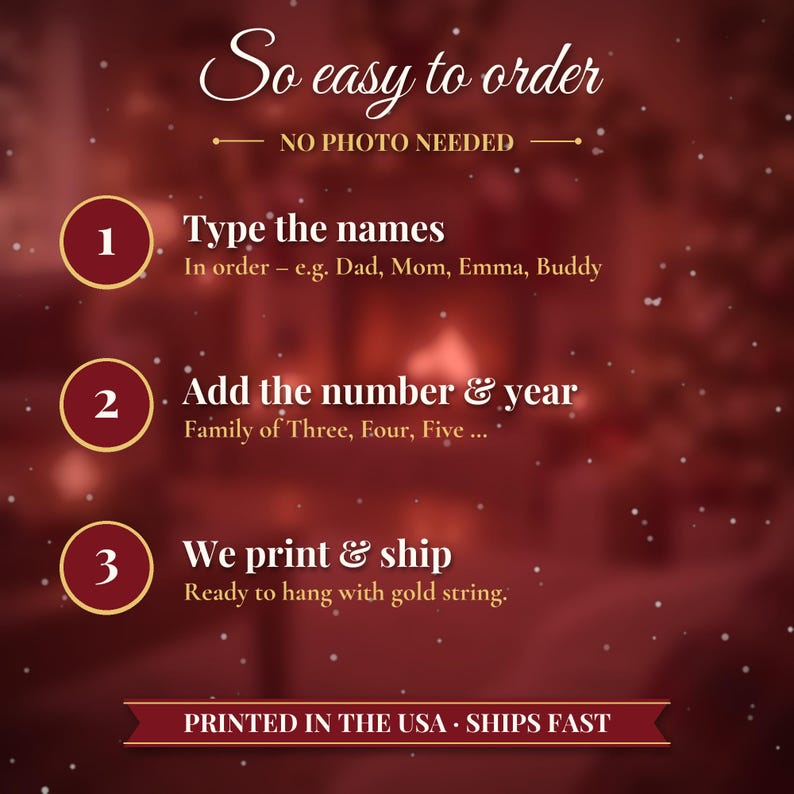 May include: A dark red instructional graphic with white text reading So easy to order, NO PHOTO NEEDED. Three numbered steps guide the process: 1. Type the names, 2. Add the number & year, 3. We print & ship. Ready to hang with gold string.