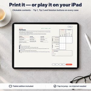 May include: A digital tablet displaying a logic puzzle game titled Full House, featuring a grid, suspect list, and clue section. The screen includes interactive Tip 1, Tip 2, and Solution buttons. The interface is designed for interactive play.