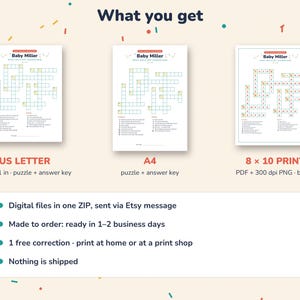 May include: Three digital baby shower crossword puzzle templates titled Baby Miller, available in US Letter 8.5 x 11 inch, A4, and 8 x 10 inch print formats. The set includes puzzle sheets and answer keys with text detailing digital file delivery.
