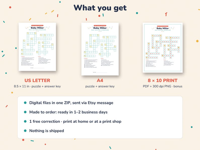 May include: Three digital baby shower crossword puzzle templates titled Baby Miller, available in US Letter 8.5 x 11 inch, A4, and 8 x 10 inch print formats. The set includes puzzle sheets and answer keys with text detailing digital file delivery.