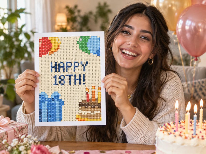 Op de afbeelding: Een rechthoekig diamond painting knutselproject met de tekst HAPPY 18TH! in donkerblauw, omringd door gepixelde illustraties van rode, gele en blauwe ballonnen, een blauw cadeau en een bruine verjaardagstaart met drie brandende kaarsjes.