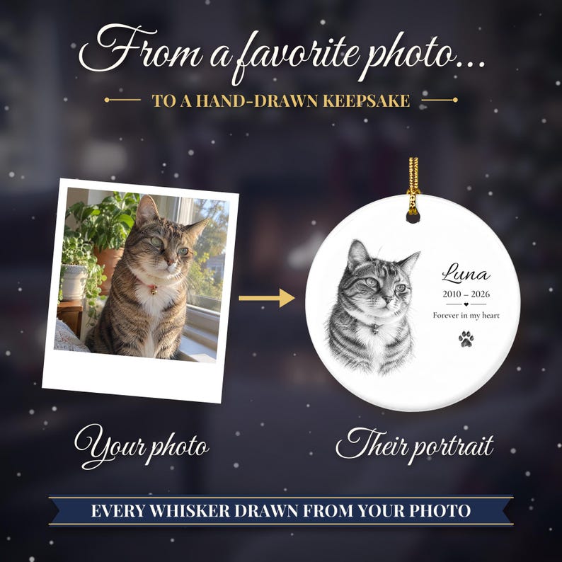 Personalized Cat Memorial Ornament from Photo, Custom Cat Portrait Sketch, Cat Memorial Gift, Pet Loss Gift, Cat Sympathy Keepsake zdjęcie 2