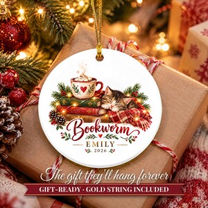 Book Lover Ornament Christmas 2026, Bookworm Gift for Readers, Custom Name Keepsake, Cozy Books Cocoa Kitten Ceramic Tree Decor image 11