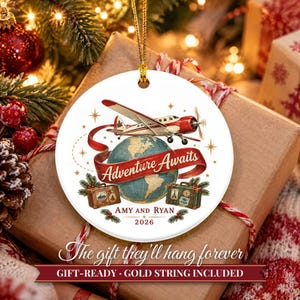 Travel Ornament Christmas 2026, Adventure Awaits Gift for Couple or Family, Airplane Globe Custom Name Keepsake, Wanderlust Ceramic Decor image 11