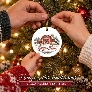Farm Ornament Christmas 2026, Red Barn Family Name Est Keepsake, Farmhouse Cows Hay Bale Country Decor, Farmer Gift Ceramic Ornament image 6