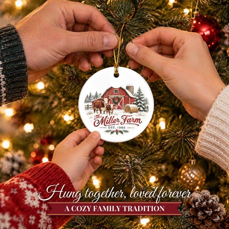 Farm Ornament Christmas 2026, Red Barn Family Name Est Keepsake, Farmhouse Cows Hay Bale Country Decor, Farmer Gift Ceramic Ornament image 6