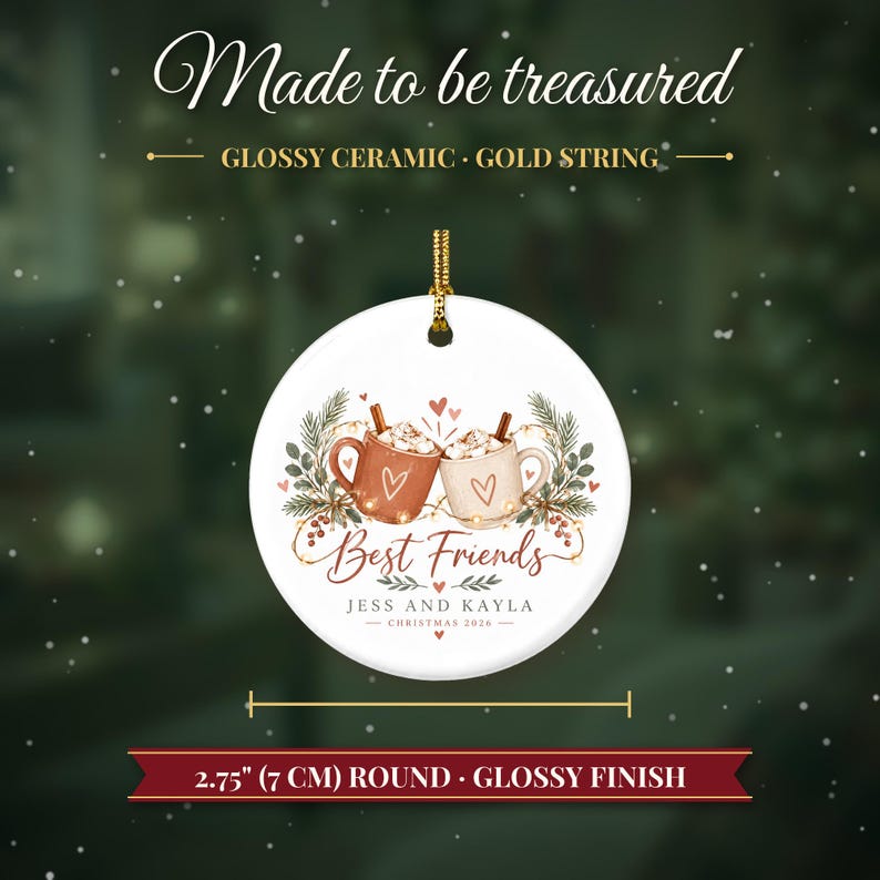 Best Friend Ornament Christmas 2026, Friendship Gift for Her, Besties Two Names Keepsake, Hot Cocoa Mugs Soul Sister Ceramic Tree Decor image 5