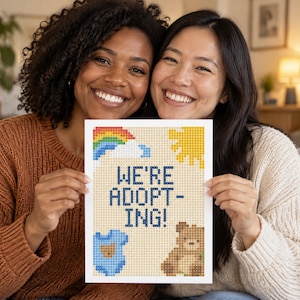 Puede incluir: Un cartel rectangular con un diseño pixelado y el texto WE'RE ADOPTING! en azul oscuro. El diseño incluye un arcoíris colorido, un sol amarillo, un body de bebé azul claro y un oso de peluche marrón sobre un fondo de cuadrícula beige.