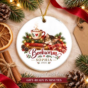 Book Lover Ornament Christmas 2026, Bookworm Gift for Readers, Custom Name Keepsake, Cozy Books Cocoa Kitten Ceramic Tree Decor image 10
