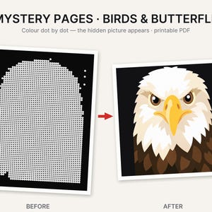 May include: A printable PDF activity sheet titled 5 MYSTERY PAGES BIRDS & BUTTERFLIES. It shows a before and after comparison of a dot-to-dot puzzle. The before image is a black square with white dots, and the after image is a bald eagle head.