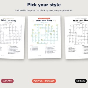 May include: Three printable crossword puzzle sheets titled Mia's Last Fling, featuring different font styles and layouts. Each sheet includes a grid of empty squares, numbered clues for across and down, and a line for a name at the bottom.