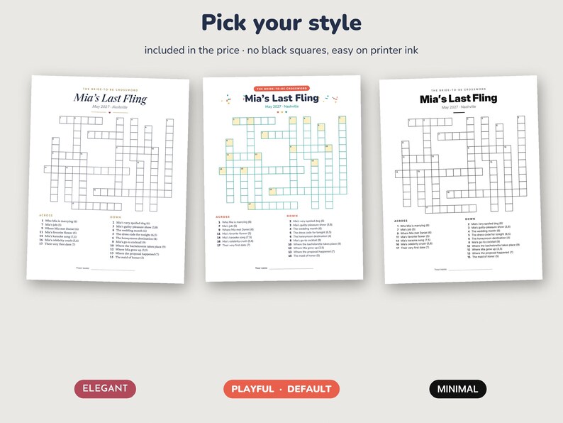 May include: Three printable crossword puzzle sheets titled Mia's Last Fling, featuring different font styles and layouts. Each sheet includes a grid of empty squares, numbered clues for across and down, and a line for a name at the bottom.