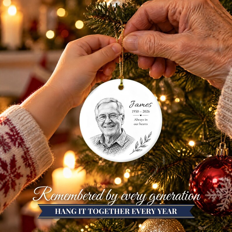 Double Sided Photo Memorial Christmas Ornament, Hand Drawn Portrait Sketch, In Loving Memory Keepsake, Loss of Loved One Gift image 14