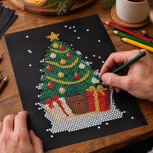 Op de afbeelding: Een zwart vel papier met een kerstboomillustratie in punt-tot-puntstijl met een ster op de top, versierd met rode en gele ornamenten en een cadeau aan de voet, ingekleurd met een donkergroen potlood op een houten ondergrond.