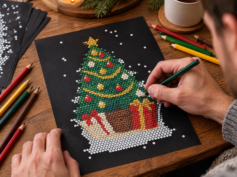 Op de afbeelding: Een zwart vel papier met een kerstboomillustratie in punt-tot-puntstijl met een ster op de top, versierd met rode en gele ornamenten en een cadeau aan de voet, ingekleurd met een donkergroen potlood op een houten ondergrond.