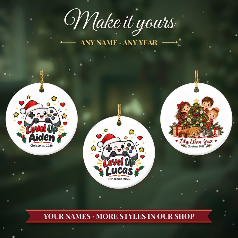 Gamer Ornament Christmas 2026, Gamer Gift for Boys and Teens, Level Up Custom Name Keepsake, Video Game Controller Ceramic Tree Decor image 3