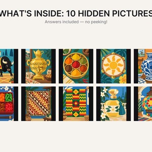 May include: A collection of 10 illustrated panels titled WHAT'S INSIDE: 10 HIDDEN PICTURES. The images feature a black bull, a gold samovar, a spice tray, a sun tambourine, a blue and white vase, a bento box, batik fabric, a woven textile, a perfume bottle, and a colorful hanging lantern.