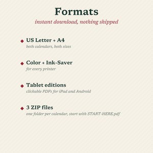 May include: A digital information graphic titled Formats with dark green text on a light background. It lists US Letter and A4 sizes, color and ink-saver options, tablet editions for iPad and Android, and 3 ZIP files with a START-HERE.pdf file.