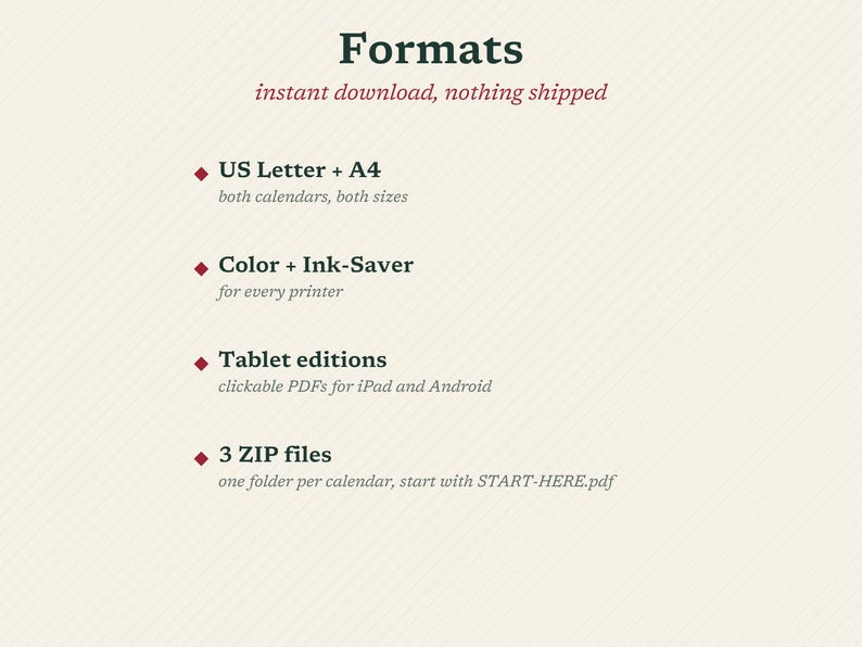 May include: A digital information graphic titled Formats with dark green text on a light background. It lists US Letter and A4 sizes, color and ink-saver options, tablet editions for iPad and Android, and 3 ZIP files with a START-HERE.pdf file.