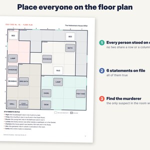 May include: A logic puzzle game sheet titled Place everyone on the floor plan, featuring a grid layout of The Hollowemere House Affair. It includes instructions, six statements on file, and a floor plan diagram with labeled rooms and furniture.