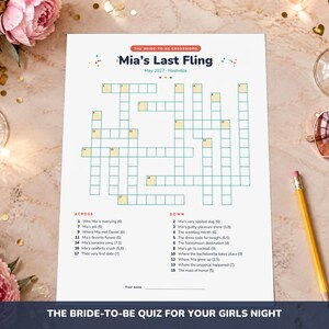 May include: A white paper sheet featuring a crossword puzzle titled Mia's Last Fling, May 2027, Nashville. The grid includes numbered boxes for across and down clues, with a list of questions below. The design includes colorful confetti accents.