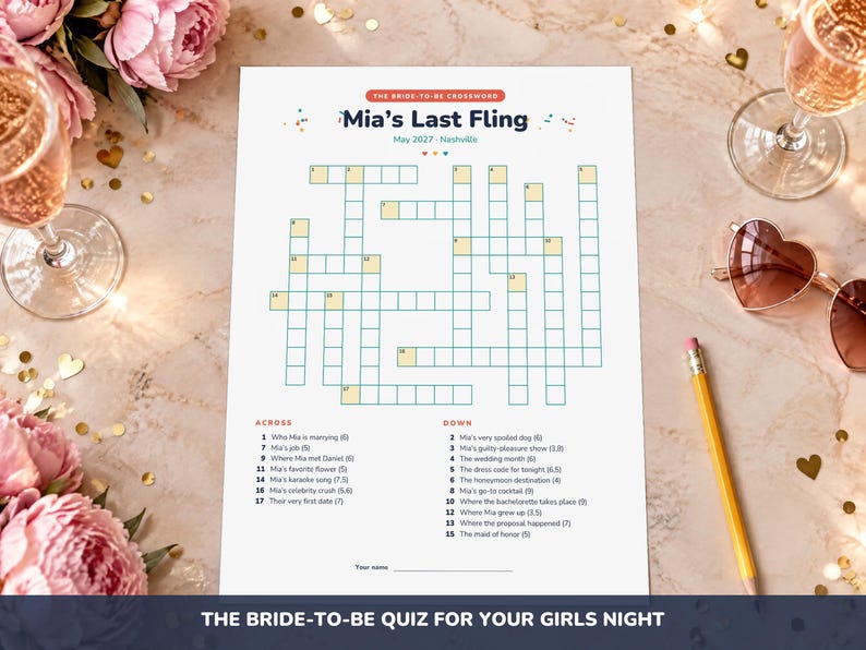May include: A white paper sheet featuring a crossword puzzle titled Mia's Last Fling, May 2027, Nashville. The grid includes numbered boxes for across and down clues, with a list of questions below. The design includes colorful confetti accents.
