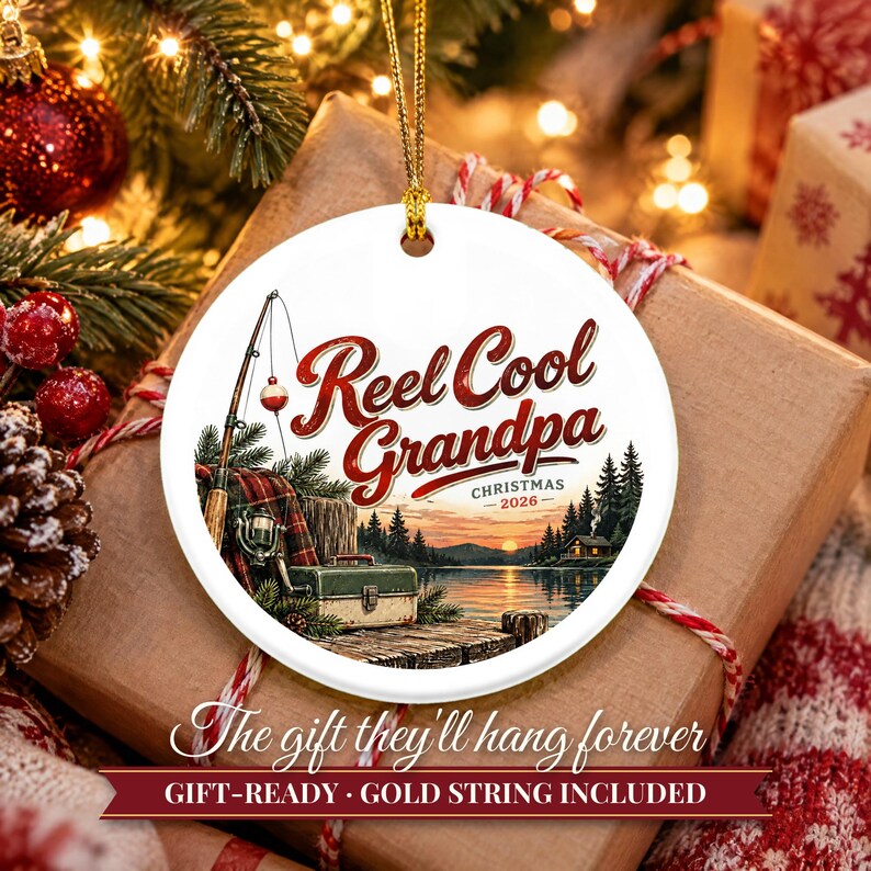 Adorno navideño de pesca 2026, regalo para papá pescador, recuerdo personalizado con el nombre de Reel Cool Dad, decoración de árbol de Navidad de cerámica con flotador para cabaña de lago imagen 11