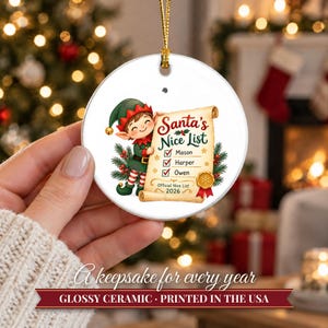 Nice List Ornament Christmas 2026, Santa's Nice List Siblings Names Keepsake, Elf Scroll Custom Kids Gift, Grandkids Ceramic Tree Decor image 12