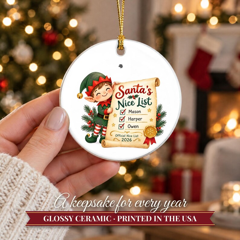 Nice List Ornament Christmas 2026, Santa's Nice List Siblings Names Keepsake, Elf Scroll Custom Kids Gift, Grandkids Ceramic Tree Decor image 12