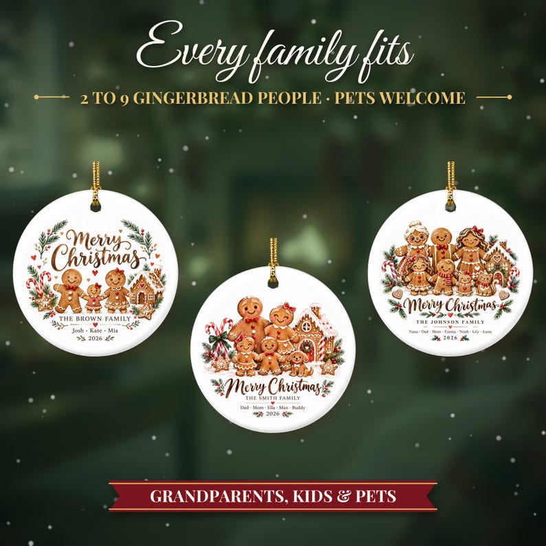 Gingerbread Family Ornament 2026, Personalized Christmas Ornament with Names and Pets, Custom Gingerbread Keepsake, Gift for Grandparents image 3