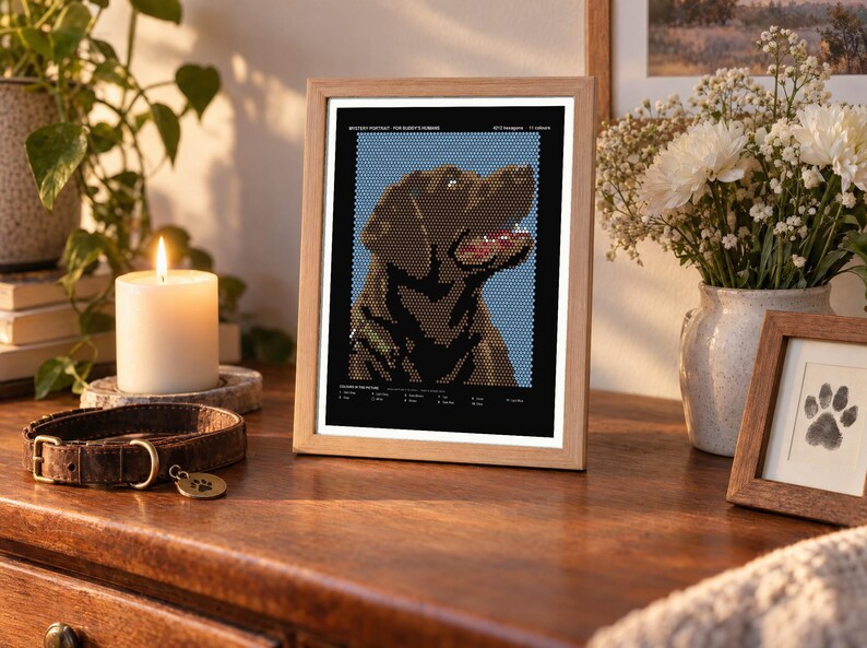 May include: A framed pixel art portrait of a brown dog against a light blue background. The artwork features a black border with white text at the top reading "MYSTERY PORTRAIT - FOR BUDDY'S HUMANS" and "2012 Hexagons 11 colors" with a legend at the bottom.