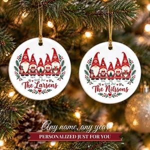 Gnome Family Ornament Christmas 2026, Scandinavian Tomte Family of Five Names Keepsake, Nordic Gnomes Custom Gift, Ceramic Tree Decor image 9