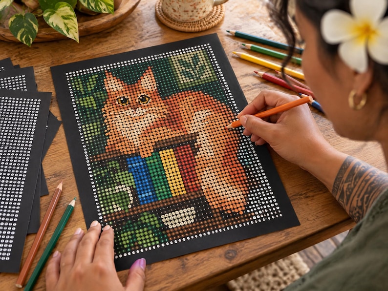 Puede incluir: Una hoja de arte estilo pintura por n&uacute;meros sobre papel negro que muestra un gato naranja esponjoso descansando en una estanter&iacute;a llena de libros coloridos. La imagen se compone de una cuadr&iacute;cula de peque&ntilde;os c&iacute;rculos numerados y una mano colorea.