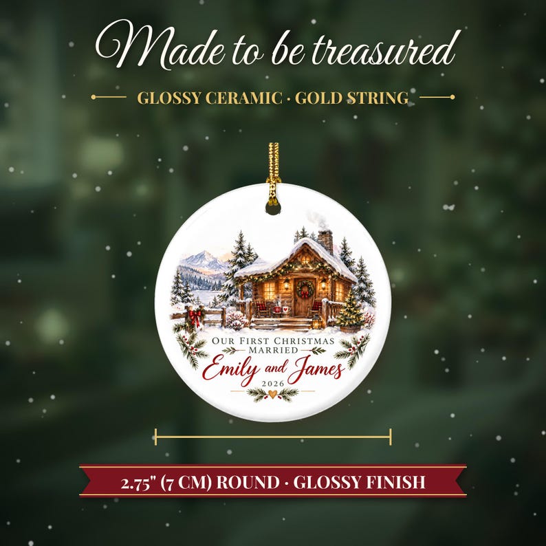 First Christmas Married Ornament 2026, Winter Cabin Mr and Mrs Keepsake, Newlywed Gift for Couple, Custom Wedding Ornament image 5