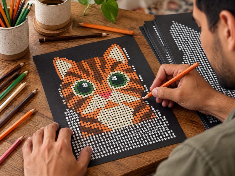 以下が含まれることがあります： 黒い背景にオレンジ色のトラ猫のイラストが描かれた、数字で色を塗るアクティビティシート。猫は大きな緑色の目とピンクの鼻をしており、色鉛筆で塗りつぶすのを待っている番号付きの円が並んでいます。