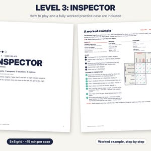 May include: Two pages from a logic puzzle book titled Level 3: Inspector. The left page outlines case rules for 5 suspects, weapons, locations, and motives. The right page displays a worked example with a 5x5 grid, clues, and step-by-step instructions.