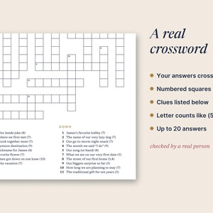 May include: A white crossword puzzle grid with black outlines and numbered squares. Below the grid are numbered clues categorized as Across and Down. To the right, text reads: A real crossword, Your answers cross, Numbered squares, Clues listed below, Letter counts like (5,6), Up to 20 answers, checked by a real person.