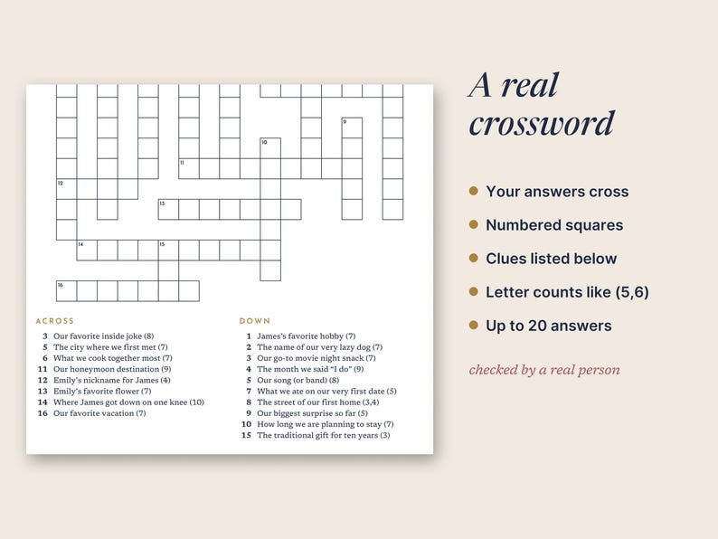 May include: A white crossword puzzle grid with black outlines and numbered squares. Below the grid are numbered clues categorized as Across and Down. To the right, text reads: A real crossword, Your answers cross, Numbered squares, Clues listed below, Letter counts like (5,6), Up to 20 answers, checked by a real person.