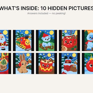 May include: A graphic titled WHAT'S INSIDE: 10 HIDDEN PICTURES with the text Answers included &mdash; no peeking! The image displays ten colorful cartoon illustrations featuring Santa, a train, a bear, cocoa, a yeti, cookies, a rabbit, a drum, a chimney, and an ornament.