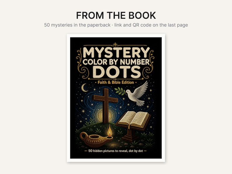 K&ouml;nnte beinhalten: Ein Taschenbuch mit dem Titel Mystery Color By Number Dots Faith & Bible Edition. Das schwarze Cover zeigt ein Kreuz, ein offenes Buch, eine Taube mit einem Olivenzweig und eine &Ouml;llampe. Der Text umfasst FROM THE BOOK 50 mysteries in the paperback.