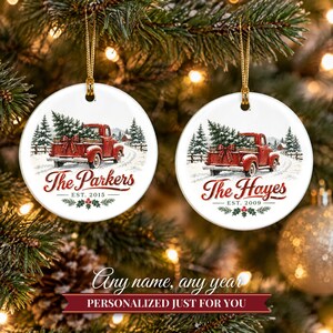 Red Truck Ornament Christmas 2026, Vintage Pickup Family Name Keepsake, Farmhouse Christmas Tree Decor, Est Year Custom Ceramic Gift image 9