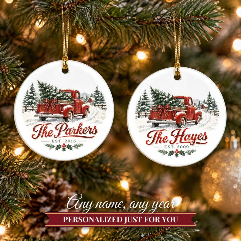 Red Truck Ornament Christmas 2026, Vintage Pickup Family Name Keepsake, Farmhouse Christmas Tree Decor, Est Year Custom Ceramic Gift image 9