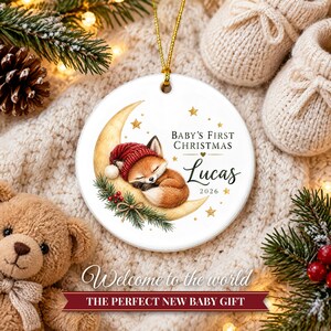 Baby First Christmas Ornament 2026, Woodland Fox on the Moon Keepsake with Name, Newborn Gift for New Parents, Nursery Decor immagine 8