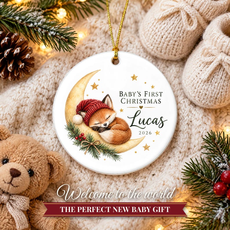Baby First Christmas Ornament 2026, Woodland Fox on the Moon Keepsake with Name, Newborn Gift for New Parents, Nursery Decor immagine 8