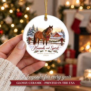 Horse Ornament Christmas 2026, Horse Lover Gift for Girls, Equestrian Name Keepsake, Snowy Barn Country Ceramic Tree Decor for Rider image 12