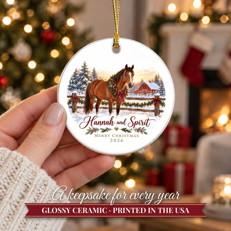 Horse Ornament Christmas 2026, Horse Lover Gift for Girls, Equestrian Name Keepsake, Snowy Barn Country Ceramic Tree Decor for Rider image 12